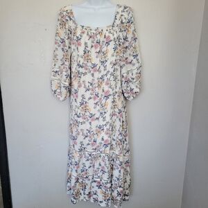 Calista Women's Medium White Boho Floral Dress Square Neck Oversized Cottagecore